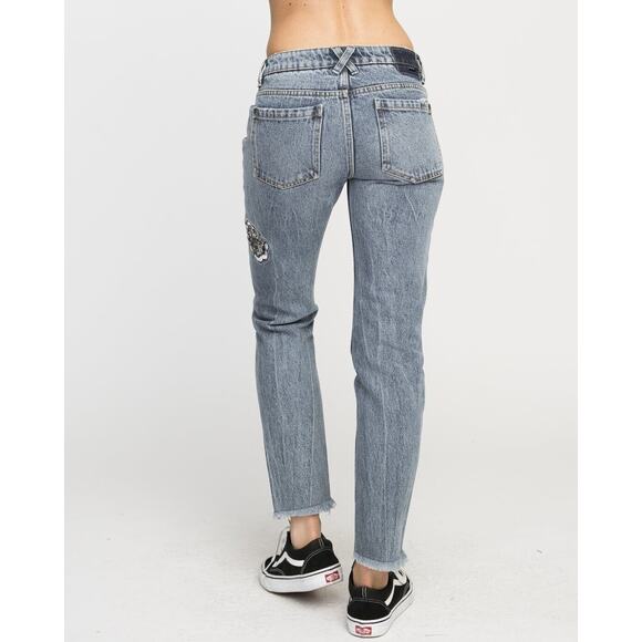 RVCA Jean Women 25 Indigo Worn Kewl Kid Anp Denim Boyfriend Embroidered Rip Knee - Picture 14 of 15